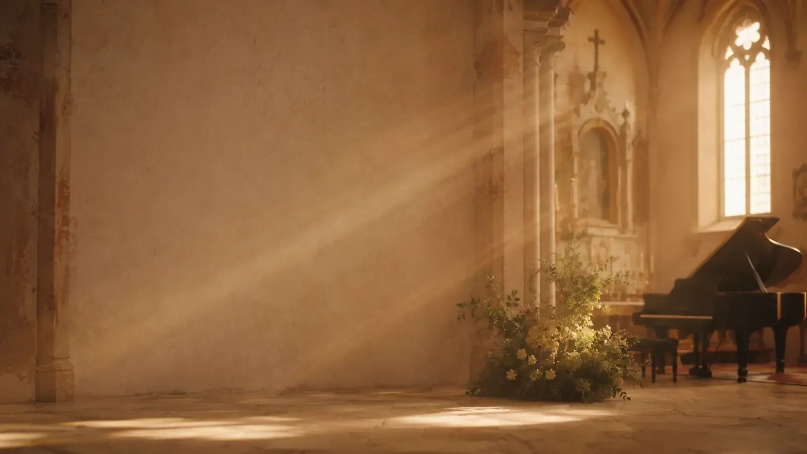 A grand piano in a sunlit church, a shaft of light falling across the nave toward the altar